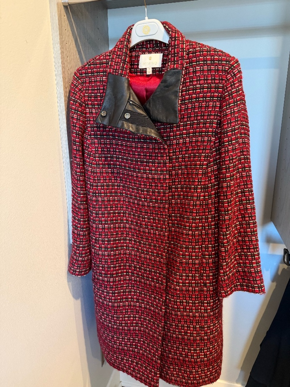 Etcetera Houndstooth Red and Black Leather Coat
